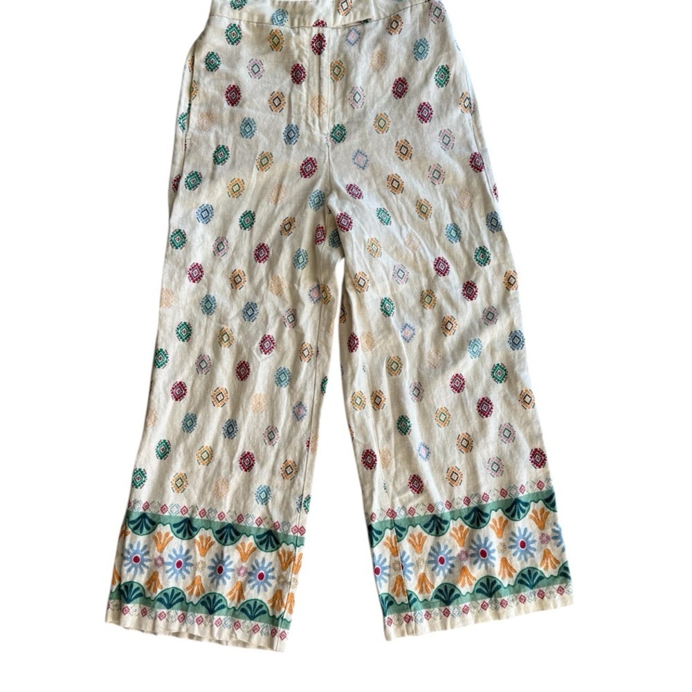 Maison D’ Amelie PRINTED LINEN BLEND CULOTTES PANTS WHITE BOHO PANTS SZ SMALL